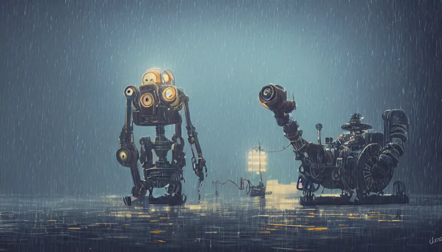 Image similar to steampunk robot, raining, sharp focus, james gilleard, cinematic, game art, extremely detailed digital painting