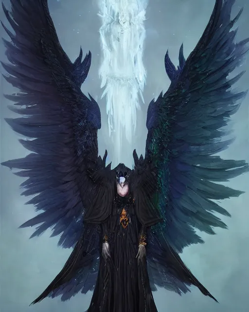 Prompt: character portrait of a raven angel of night with iridescent black raven wings wearing robes, lord of change, by peter mohrbacher, mark brooks, jim burns, marina abramovic, wadim kashin, greg rutkowski, trending on artstation