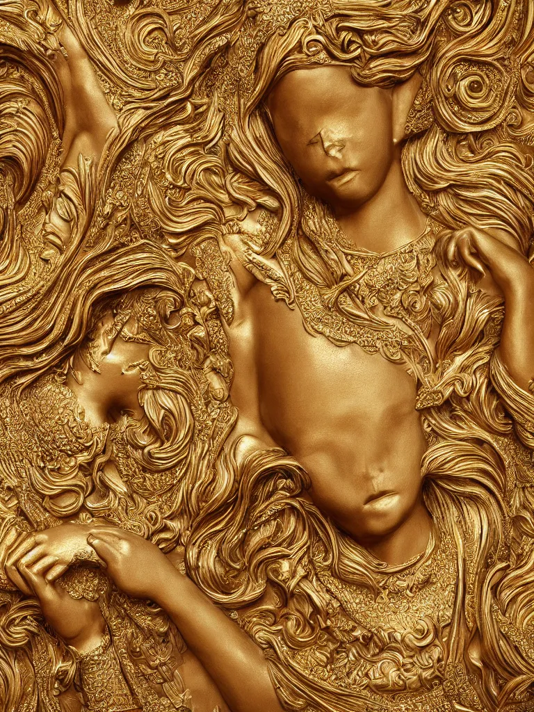 Prompt: relief sculpture carving in gold of beautiful women, hyperrealistic, ultrarealistic, intricate details, 4k, unreal 5, digital art