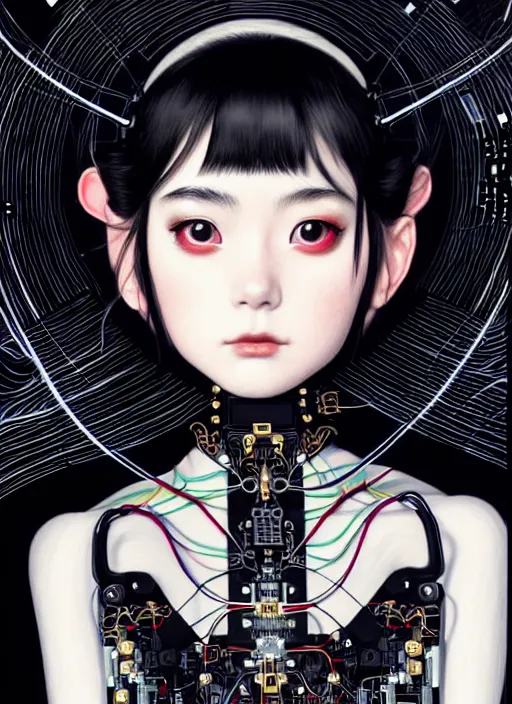 Image similar to kanna hashimoto as a absurdly beautiful cyborg, wearing a black dress, graceful, sophisticated, complex wiring and circuits, tarot card, highly detailed, digital painting, sharp focus, ultra realistic, 8 k, art by artgerm, kim jung gi, irakli nadar