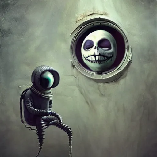 Image similar to michal karcz surrealism grunge painting of the end of an astronaut happy in the galaxy. , in the style of jack skellington, in the style of a clown, loony toons style, horror theme, detailed, elegant, intricate, 4k, Renaissance painting