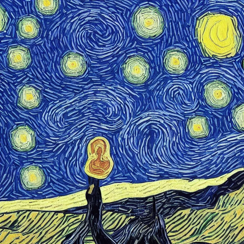 Image similar to An oil painting of Sarah Michelle Gellar in the style of Starry Night by Vincent van Gogh