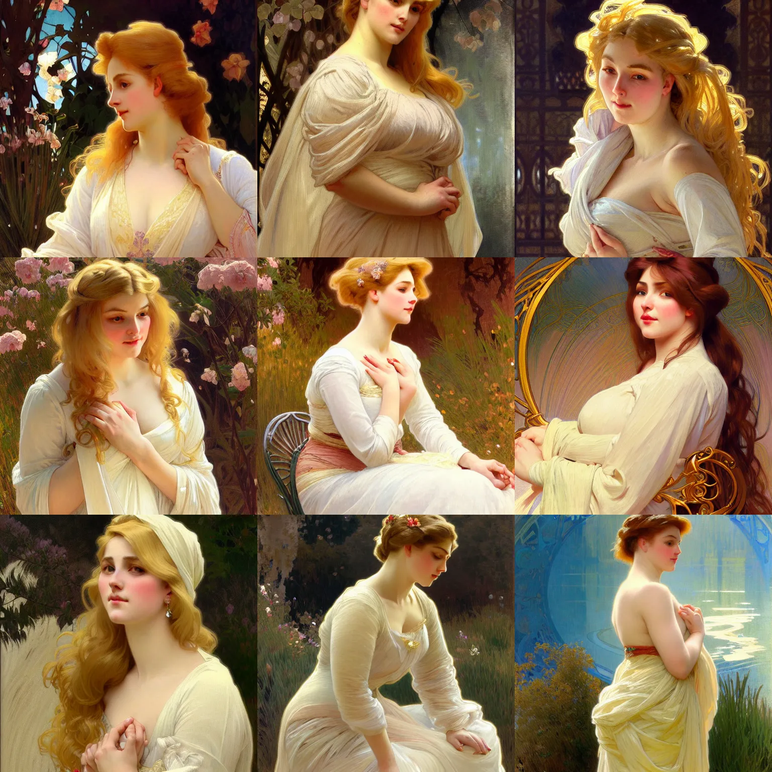 Prompt: painted portrait of a modest wife blessed by god with ever - increasing intelligence beauty and virtue. blonde, curvy holy body dressed modestly, light effect. feminine, powerful, in clothes! intricate, elegant, highly detailed, digital painting, artstation, concept art, smooth, sharp focus, illustration, art by gaston bussiere and alphonse mucha