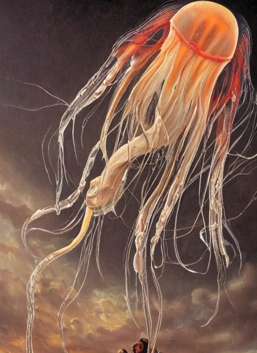 Image similar to an anatomical oil painting of a jellyfish Harpy from a medical journal by Julie Bell and Scott Listfield, highly detailed, high detail, 8k, storm clouds, birds, dramatic lighting