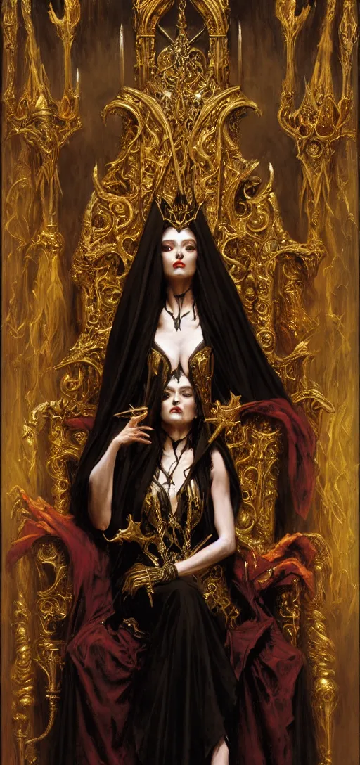 Image similar to full body portrait of beautiful vampire queen in gold gothic robes sitting on a throne of bones, elegant, highly detailed painting by gaston bussiere, craig mullins, j. c. leyendecker, 8 k, mid shot