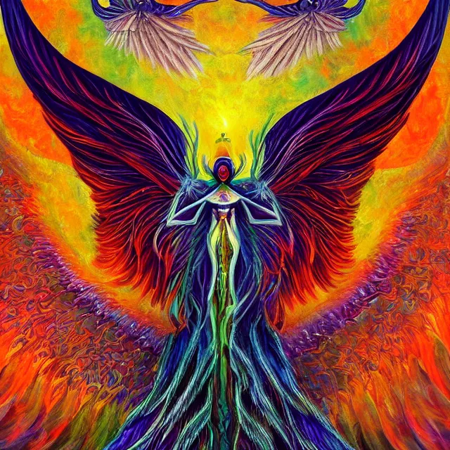 Prompt: angelic ophanim Lovecraftian celestial covered in eyes feathers and wings, oil painting award winning, chromatic aberration sharp colors, symmetrical geometry sublime angel be not afraid