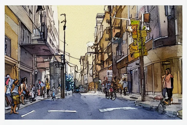 Prompt: street summer watercolor pen by brad mesina trending on artstation