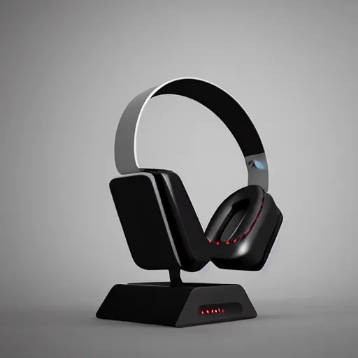 Image similar to wireless headphone stand, futuristic, techno, cyberpunk, product design, render, concept, fun, geometric