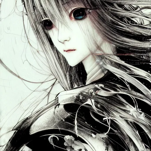 Image similar to yoshitaka amano blurred and dreamy illustration of an anime girl with black eyes, wavy white hair fluttering in the wind wearing elden ring armor with engraving, abstract black and white patterns on the background, noisy film grain effect, highly detailed, renaissance oil painting, weird portrait angle, blurred lost edges, three quarter view, hyper light drifter color palette