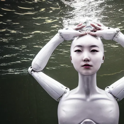 Image similar to beautiful centered fine art photo portrait of hoyeon jung as a solarpunk robotic humanoid treading above water, white mechanical parts with led lights, ultra - detailed and intricate, white background, sun lighting, soft focus, slow exposure hdr 8 k