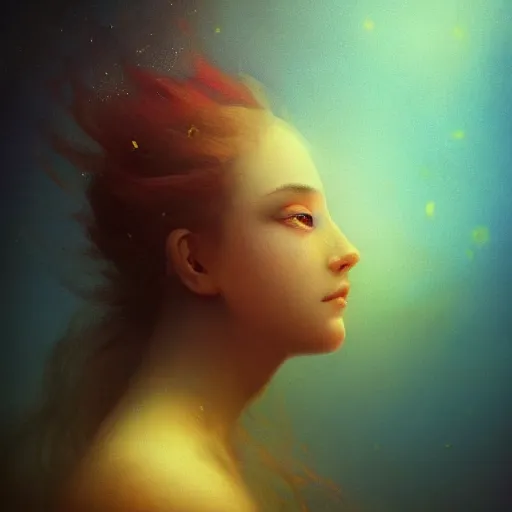 Image similar to three-quarters portrait, skin flaking off like burnt paper, different colored multicolored eyes, long flowing hair underwater, imagination cosmic dream, dreamy, 8k artgerm bokeh, award winning photography, trending on artstation, by Ivan Aivazovsky and Odilon Redon