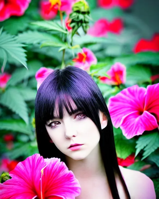 Image similar to an stunning beautiful girl is surrounded by colourful hibiscus flowers and marijuana plants, symmetric face and eyes, manga style, long straight black hair, visible face 8 k, soft focus, melanchonic soft light, volumetric lighting, highly detailed realistic, refined, highly detailed, soft blur outdoor lighting, fine art fashion photography 5 0 mm f 2