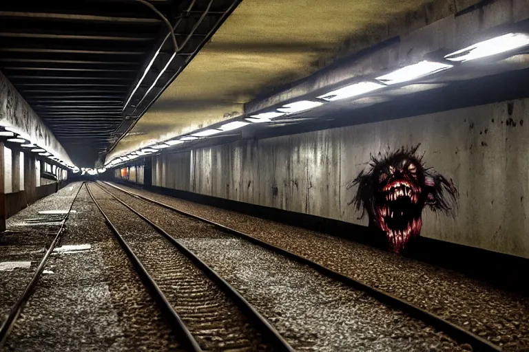 Image similar to very large giant mutant zombie irradiated ( angry rat ) staying on railways in tonnel of moscow subway. giant rat. 4 k, very realistic. extreme long shot, low dark light, scary mood, anish kapoor, herman nitsch.