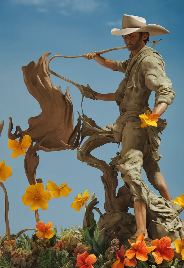 Prompt: A cowboy turning into blooms. tropical sea slugs, tractor tires. complementary colors. national geographic. 8k, rendered in octane, smooth gradients. sculpture by antonio canova