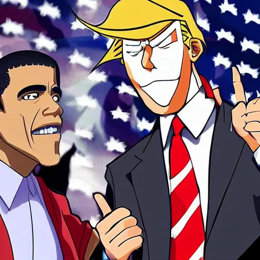 Image similar to obama and trump fighting in the style of anime