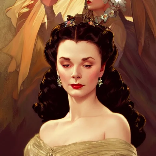 Image similar to Vivien Leigh in Gone With the Wind, D&D, fantasy, intricate, elegant, highly detailed, digital painting, artstation, concept art, matte, sharp focus, illustration, art by Artgerm and Greg Rutkowski and Alphonse Mucha