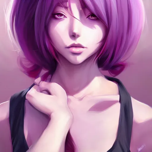 Prompt: beautiful anime girl, hourglass slim figure, purple hair and attractive features, tight fitted tank top, full body portrait, slight smile, highly detailed, digital painting, artstation, concept art, sharp focus, illustration, art by WLOP and Artgerm