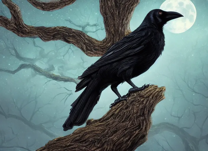 Image similar to a hyper-detailed fantasy wallpaper book cover, portrait of a crow on a tree in front of the full big moon; an extraordinary masterpiece!!!; flawless; proud posture; photorealistic eyes; trending on artstation; f/1.4; 90mm