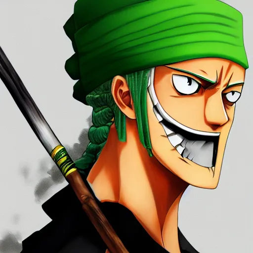 Image similar to zoro from one piece, mop - in - mouth, mop - in - hands, beautiful, masterpiece, digital art, detailed, trending on artstation