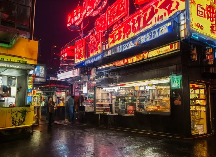 Image similar to the only open cyberpunk blade runner fast food stand in the cyberpunk city during a melancholy rainy night