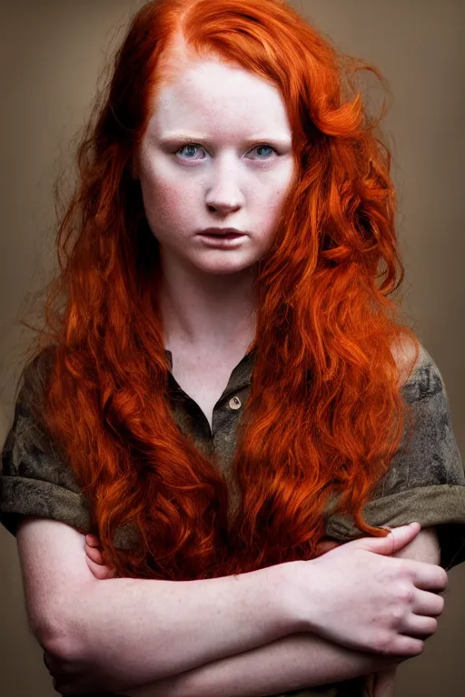 Prompt: intense portrait of a redheaded huntress, age 23, by jake hicks, by michael malm, 55mm, f/1.2, cinematic lighting, dark background