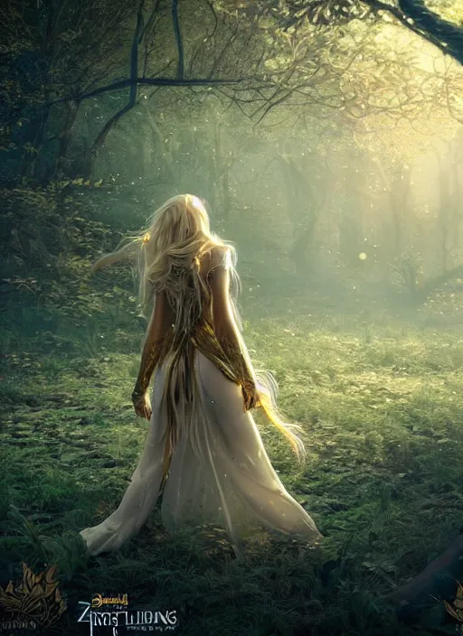 Image similar to magical forest with gold and silver leafs, music, girl with blond long hair back view, elves, lord of the rings style, ultra detailed, trending on artstation, concept art, octane render, unreal engine,