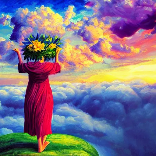 Image similar to giant flower head, frontal, woman standing on mountain, surreal photography, stormy sky, colorful clouds, impressionist painting, digital painting, artstation, rob gonsalves