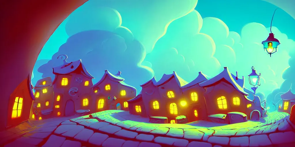 Image similar to curled perspective digital art of curvy clouds in a small village with a cobblestone street by anton fadeev from nightmare before christmas