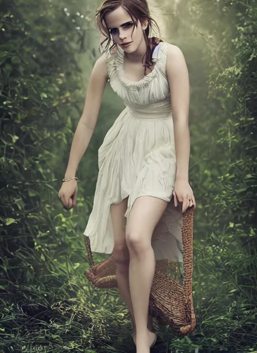 Image similar to Emma Watson for Victorian Secret, summertime, full length shot, XF IQ4, 150MP, 50mm, f/1.4, ISO 200, 1/160s, natural light, Adobe Photoshop, Adobe Lightroom, DxO Photolab, Corel PaintShop Pro, rule of thirds, symmetrical balance, depth layering, polarizing filter, Sense of Depth, AI enhanced