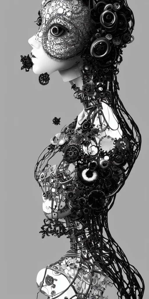 Prompt: black and white dreamy foggy smoky profile face portrait, one silver steampunk eye biomechanical beautiful young female - cyborg - robot bust, body ribs meshes,, volumetric light, hibiscus flowers, rim light, by dora maar and cecile beaton, big gothic fashion pearl embroidered collar, 8 k