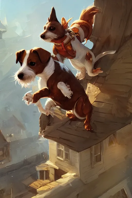 Prompt: adorable jack russel terrier jumping over a small house, extreme wide angle, fantasy art, artstation character design contest winner, trending on cgsociety, concept art, speedpaint, beautiful digital art, jesper ejsing, james jean, justin gerard, fenghua zhong, makoto shinkai, highly detailed