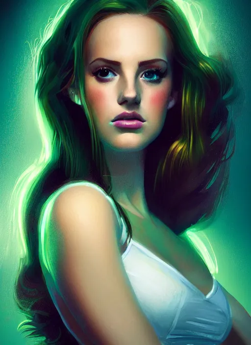 Image similar to full body portrait of teenage cheryl blossom, bangs, green eyes, mischievous expression, red hair, sultry smirk, bangs and wavy hair, intricate, elegant, glowing lights, highly detailed, digital painting, artstation, concept art, smooth, sharp focus, illustration, art by wlop, mars ravelo and greg rutkowski