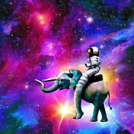 Prompt: astronaut riding an elephant!!! in space, colorful nebula in the background, digital painting,