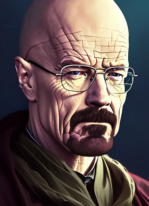 Prompt: portrait of walter white as king, throne, jewelry, greek, amethyst, intricate, headshot, highly detailed, digital painting, artstation, concept art, sharp focus, cinematic lighting, illustration, art by artgerm and greg rutkowski, alphonse mucha, cgsociety