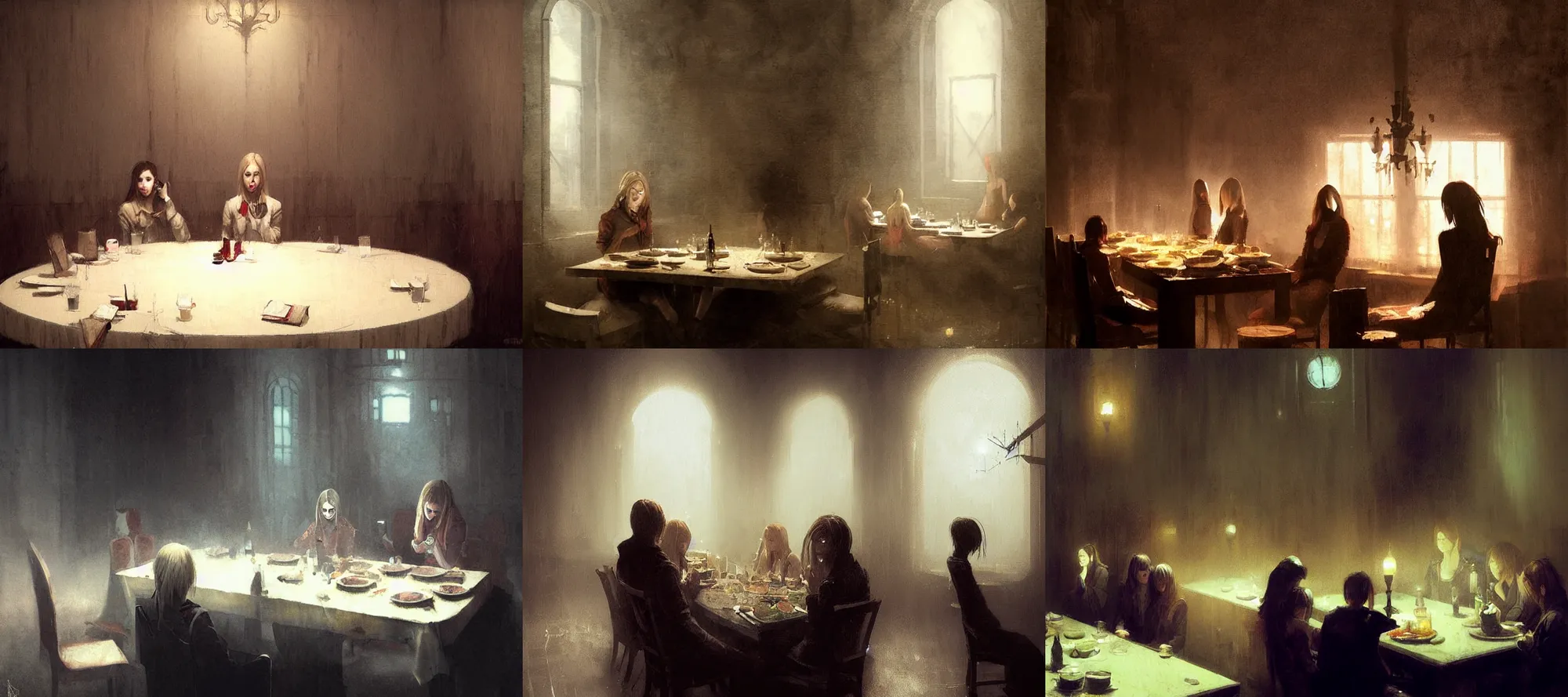 Prompt: loona silent hill eating dinner at a table in the backrooms happiness is temporary by greg rutkowski