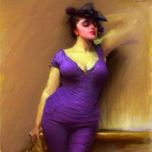 Prompt: a woman in a purple shirt with a voluptuous body type, painting by Gaston Bussiere, Craig Mullins