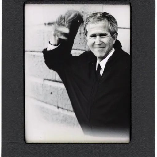 Prompt: polaroid of George W. Bush wearing a black hoodie holding a handgun sitting on a curb in the bronx, 8k, very intricate, very detailed,