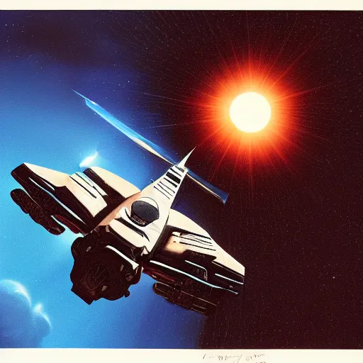 Prompt: Spaceship carrier, cinematic angle, cinematic lighting, blue sky, sun in the sky, by Syd Mead, John Harris, Federico Pelat