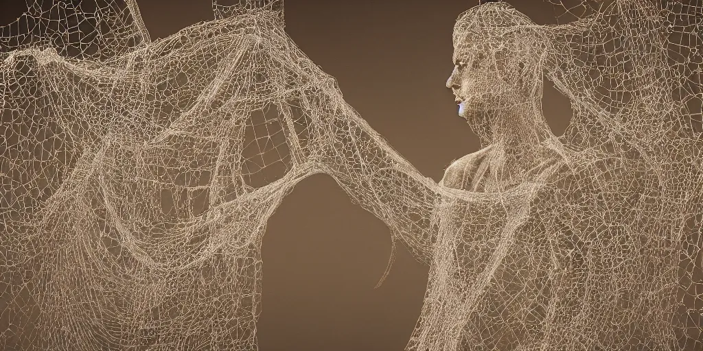 Prompt: an ornate real character made out of intricate webs and Endocrine system built out of dust and light, floating in the night, hyper-realism, very detailed feel, rendered in Octane, tiny points of light, caustic, 4k, beautiful lighting