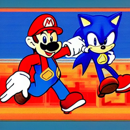 Image similar to 1940s disney film about super mario and sonic the hedgehog