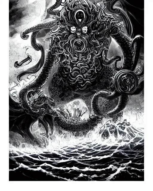 Image similar to A huge blue kraken in a vast sea, terrifying, black and white, fantasy art, monster art, in the style of masami kurumada, illustration, epic, fantasy, intricate, hyper detailed, artstation, concept art, smooth, sharp focus, ray tracing