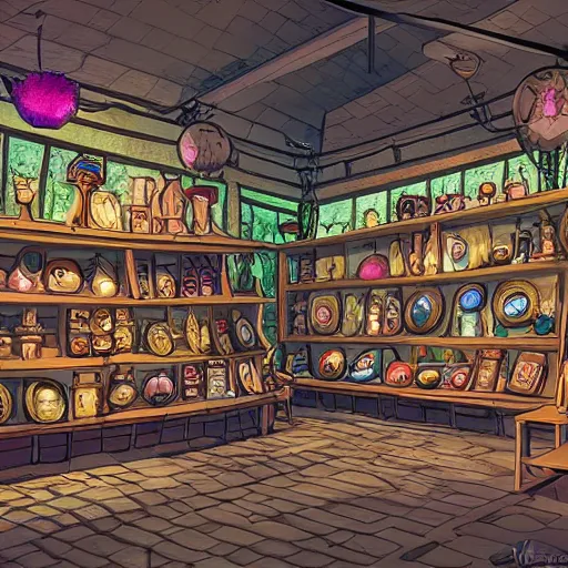 Image similar to inside a magical item shop, fantasy potion vendor interior, ufotable studio art style, wide angle, gothic interior