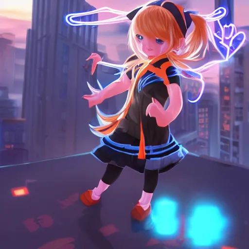 Prompt: Splash art Anime loli, blond hair with pigtails, blue coat and black shorts, she flies by using blue neon powers through the city. Cinematic sunset, faint orange light. Amazing piece Trending on Artstation. Yumei style