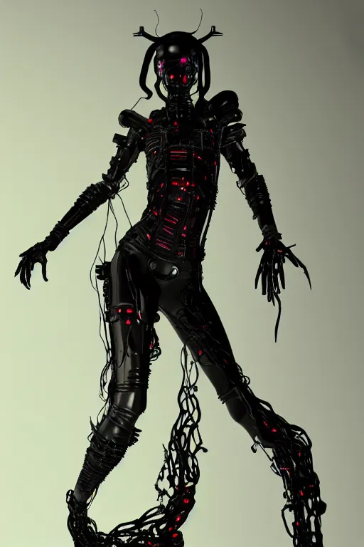 Image similar to full-body cyberpunk style sculpture of a young beautiful dark priestess, half android with a head opening exposing circuitry. glowing red eyes, black roses, flowing blood-red colored silk. fabric, candles. baroque elements, human skull. full-length view. baroque element. intricate artwork by caravaggio. crows flying in background. Trending on artstation, octane render, cinematic lighting from the right, hyper realism, octane render, 8k, depth of field, 3D