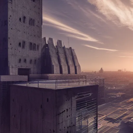 Image similar to extremely detailed cathedral of brutalist architecture, stunning volumetric light, sunset, metal, concrete and translucent material, stunning skies, trending on Artstation, 8k, photorealistic, hyper detailed, unreal engine 5, IMAX quality, cinematic, epic lighting, in the style of Greg Rutkowski