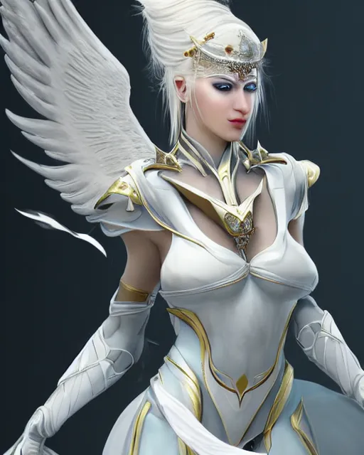 Image similar to perfect white haired egyptian goddess wearing white dove wings, warframe armor, regal, attractive, ornate, sultry, beautiful, dreamy, half asian, pretty face, blue eyes, detailed, scifi platform, 4 k, ultra realistic, epic lighting, android body, illuminated, cinematic, masterpiece, art by akihito tsukushi, voidstar, artgerm