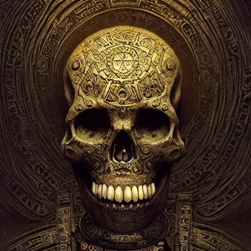 Prompt: a golden runic skull intricately decorated with ancient runic inscriptions and prophecies. dark ominous chiaroscuro baroque still life style. dramatic ray of light, ultra detailed, unreal engine 5 by beksinski, wayne barlowe, billelis. ominous dark background. weirdcore