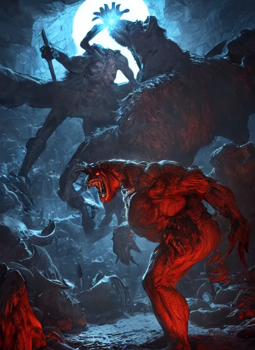 Prompt: an enormous, massively muscled werewolf fighting an army of skeletons in an underground tomb, ultra detailed fantasy, elden ring, realistic, dnd, rpg, game design concept art, behance hd, artstation, deviantart, global illumination radiating a glowing aura global illumination ray tracing hdr render in unreal engine 5