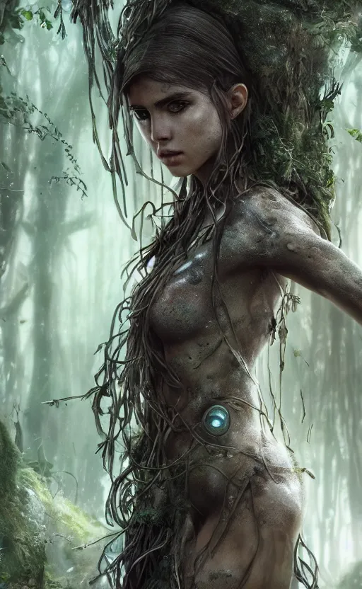 Image similar to a cyborg forest nymph in an ancient forest, ana de armas, flawless symmetrical pretty cute face, greg rutkowski, 8 k, shallow depth of field, intricate detail, concept art,