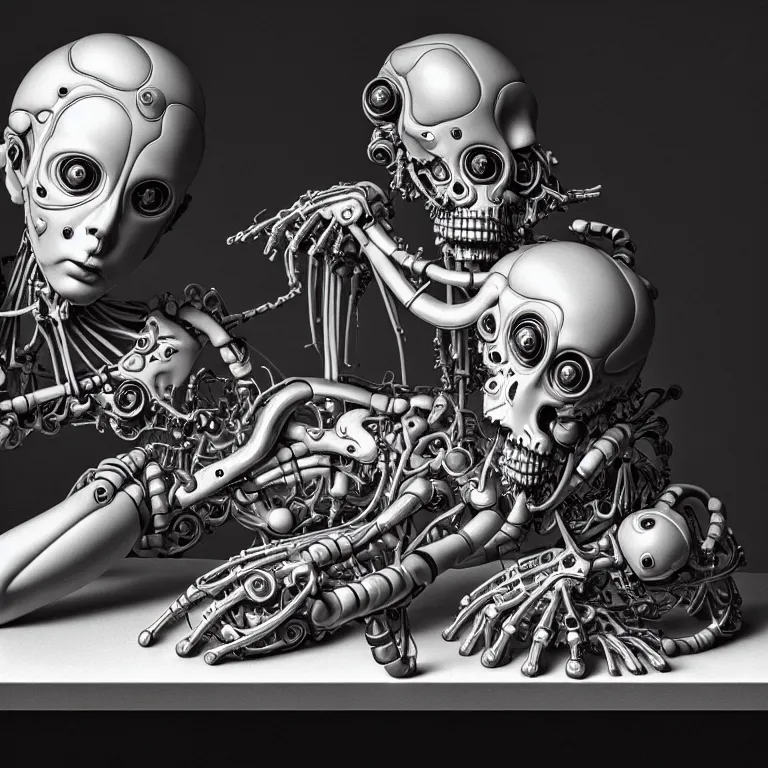 Image similar to still life of two biomechanical cyborg male lovers laying on a table, pastel flowers on a table, surreal alien ribbed pastel fruit, white human spine, baroque painting, beautiful detailed intricate insanely detailed octane render trending on Artstation, 8K artistic photography, photorealistic, chiaroscuro, Raphael, Caravaggio beautiful BW monochrome